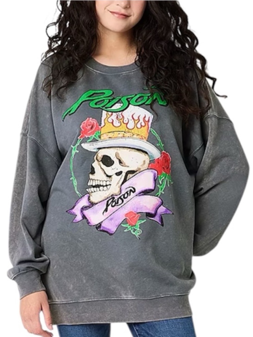 POISON Band Skull Graphic Sweatshirt Washed Gray Large Rock